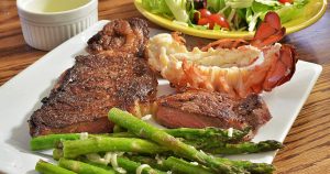 Steak and Lobster with Asparagus and a side salad