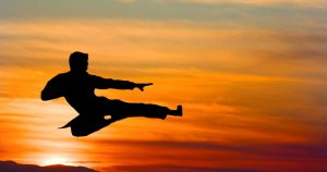 A flying karate kick over a beautiful sunrise.